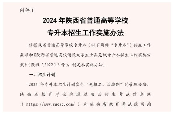 附件1 | 2024 年陕西省普通高等学校专升本招生工作实施办法